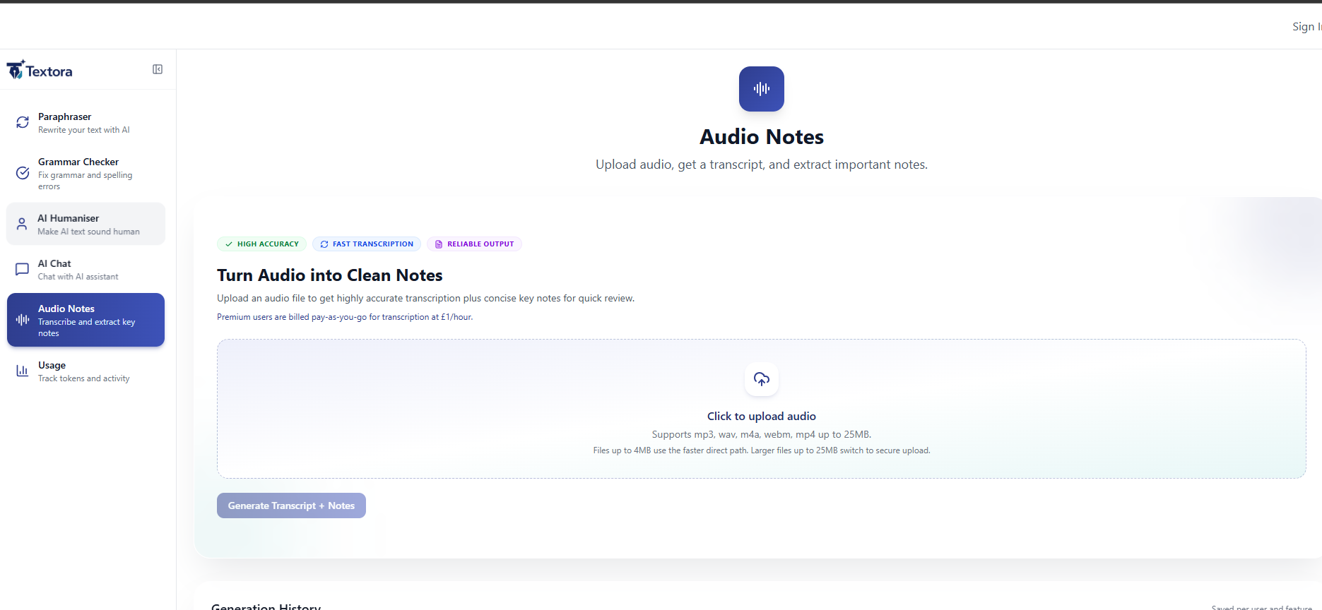 Textora dashboard showing AI-powered transcription and insights